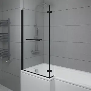 SunDaze 6mm Toughened Safety Glass L Shaped Shower Bath Screen Hinged Return and Towel Rail Black