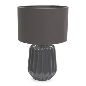 ValueLights Zak Charcoal Grey Textured Ceramic Bedside Table Lamp with Drum Shade