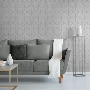 Muriva Grey Geometric Metallic effect Embossed Wallpaper