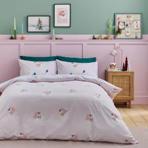 Catherine Lansfield Vintage Christmas Santa Reversible King Duvet Cover Set with Pillowcases Pink