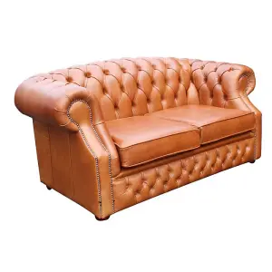 Chesterfield 2 Seater Old English Tan Leather Sofa Bespoke In Buckingham Style