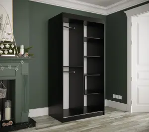 Compact Black Geneva T1 Mirrored Sliding Door Wardrobe W1000mm H2000mm D620mm - Sleek Design, Efficient Storage with Gold Handles