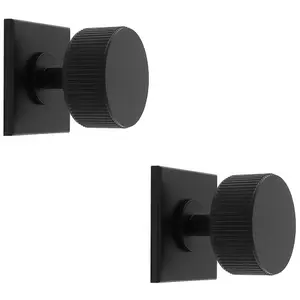 2 PACK - Reeded Radio Cabinet Door Knob & Matching Backplate Lined Matt Black 40 x 40mm