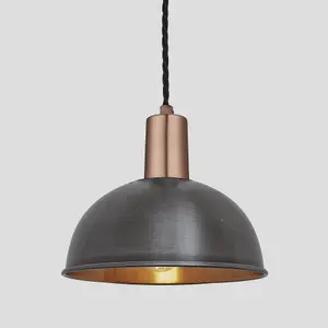 Industville Sleek Dome Pendant, 8 Inch, Pewter & Copper, Copper Holder