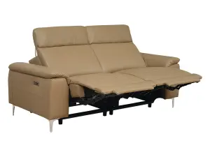 3 Seater Electric Reclining Sofa With Wireless Charger and Adjustable Headrests in Beige Leather - Solero