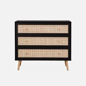 sweeek. 3-drawer chest with wood and cane effect Boheme Black 90x39x79 cm