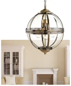 Luminosa Mayfair 3 Light Spherical Ceiling Pendant Antique Brass, Clear Glass, E14