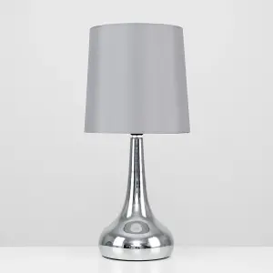 ValueLights Chrome Teardrop Touch Bed Side Table Lamps with Grey Fabric Shade With 5w LED Bulb 3000K Warm White