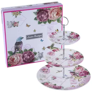 3 Tiered Cake Stands Plates Porcelain Lilac Lavender Rose Floral Design Gift Box (Birds Rose Butterfly)