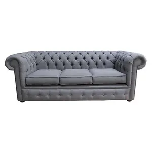 Chesterfield Handmade 3 Seater Sofa Settee Bacio Pewter Grey Fabric In Classic Style