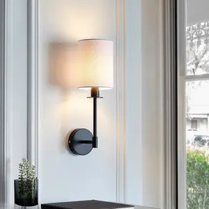 Luminosa Avellino Wall Lamp with Shade Matt Black, Vintage White Fabric