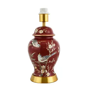 Classic Ceramic Lamp Base in Glossy Dark Burgundy with Birds and Floral Decor