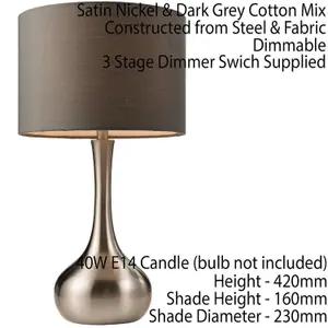 Touch Dimmer Table Lamp Satin Nickel & Grey Shade Modern Metal Bedside Light