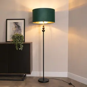 ValueLights Marissa Black Stacked Ball Floor Lamp with Forest Green Velvet with Gold Inner Lamp Shade and Bulb