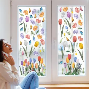 Blooming Watercolour Tulips with Butterflies Spring Window Clings