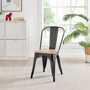 Furniturebox Set of 2 Black Colton Tolix Style Stackable Industrial Metal Dining Chair With Pine Seat