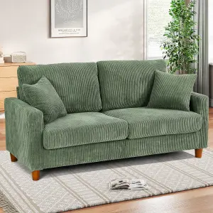 178cm Green Corduroy Couch, 3 Seater Sofa with Wood Legs, Deep Seat Sofa