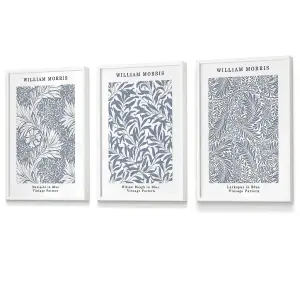 Set of 3 Framed Blue William Morris Vintage Floral / 30x42cm (A3) / White