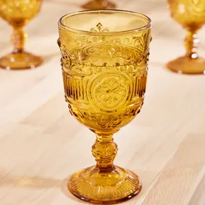 Set of 4 Vintage Luxury Amber Embossed Drinking Wine Glass Goblets 300ml