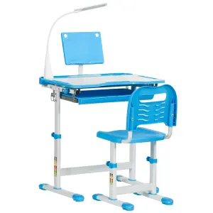 HOMCOM Kids Study Desk and Chair Set w/ USB Lamp, Adjustable Height, Blue