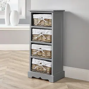 Home Source Lichfield 4 Wicker Basket Drawer Chest Storage Unit Grey