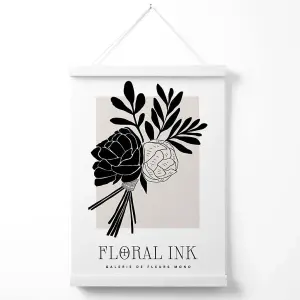 Black and Beige Closed Peonies Floral Ink Sketch Poster with Hanger / 33cm / White