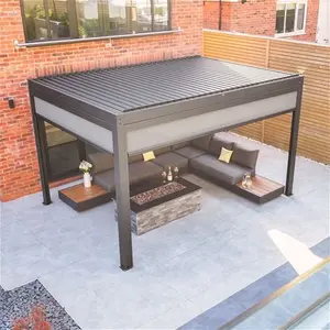 Pergostet 3m X 4m Aluminium Garden Pergola - Grey | Waterproof Louvered Roof | Rectangle Pergola | 3 Side Blinds & LED Lights | Contemporary Design