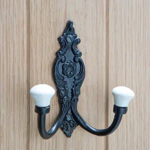 Hammer & Tongs - Ornate Double White Ceramic Coat Hook - W100mm x H115mm - Black