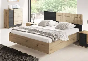 Elevate Your Bedroom with the Elegant Bafra EU King Bed (1700mm x 1000mm x 2050mm) in Oak Artisan & Norwegian Pine