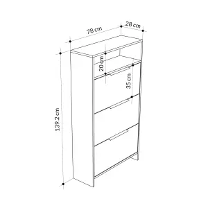 Decortie Kaju Shoe Cabinet 3 Drop-doors 1 Shelf Modern Shoe Storage Solution Dark Oak Effect White H 139cm