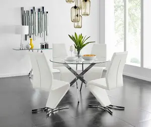 Furniturebox UK Novara Chrome Metal And Glass Large Round Dining Table And 4 White Willow Chairs Set