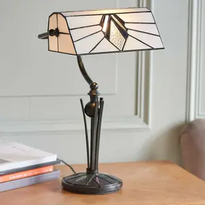 Tiffany Glass Table Lamp Bankers Desk Light Dark Bronze & Cream Shade i00172