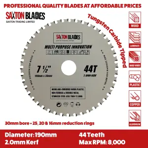 Saxton TCT19044TMPT TCT Multi Purpose Innovation Circular Saw Blade 190mm x 44 Teeth x 30mm Bore 16, 20 and 25mm reduction rings