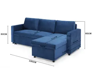 Dorset 3 Seater Pull-Out Reversible Chaise Sofa Bed, Blue Velvet