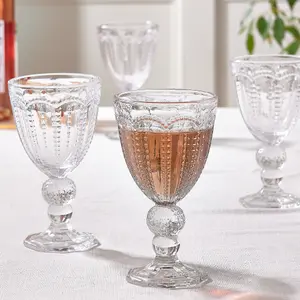 Set of 6 Vintage Luxury Clear Embossed Drinking Wine Goblet Glasses