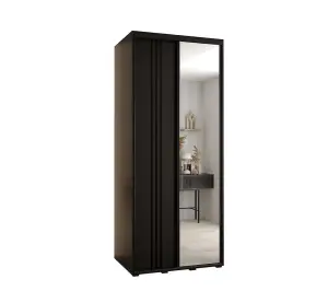 Compact Black Mirrored Sliding Wardrobe H2050mm W1000mm D600mm with Customisable Black Steel Handles and Decorative Strips