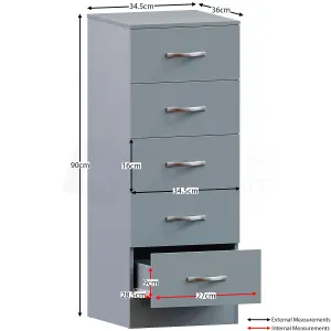 Vida Designs Riano Grey 5 Drawer Narrow Chest (H)900mm (W)345mm (D)360mm