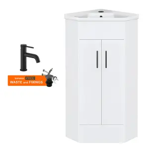 Bubly Bathrooms™ Two Door Corner Vanity Unit & Basin Sink - 555mm - Gloss White with Black Tap