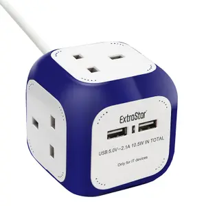 EXTRASTAR Rubik Power Cube 4 Ways Sockets 2 x USB 5V 1.5m Navy Blue 13A extension lead