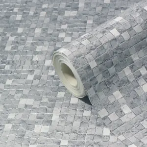 GoodHome Dunni Grey Mosaic Tile effect Textured Wallpaper