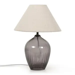 ValueLights Olivet Grey Glass Table Lamp with Fabric Tapered Lampshade Bedside Light - Bulb Included