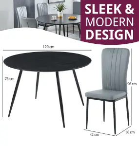 Hallowood Furniture Cullompton Large Black Round Dining Table 120cm with 6 Light Grey Faux Leather Chairs