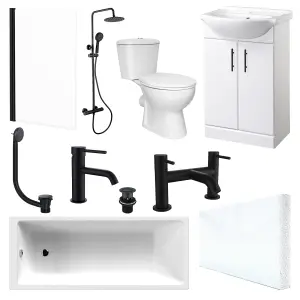 Bubly Bathrooms™ 550mm Vanity Unit 1700mm Bath and Close Coupled WC Toilet Set Black Thermostatic Shower Kit & Black Tap Set