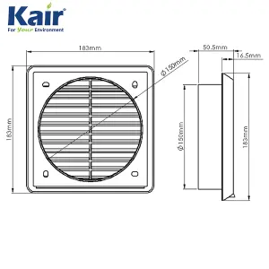 Kair Black Louvred Wall Vent Grille 183mm External Dimension with Flyscreen and Round 150mm - 6 inch Rear Spigot