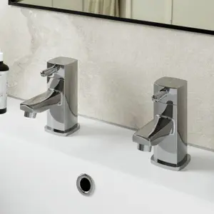 Nes Home Boston Modern Set of Chrome Hot & Cold Twin Bath Taps Deck Mounted Brass