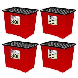 Neat. 80L Storage Boxes with Lids - Red Base & Black Clip Lid Ideal for Home Organisation- Pack of 4