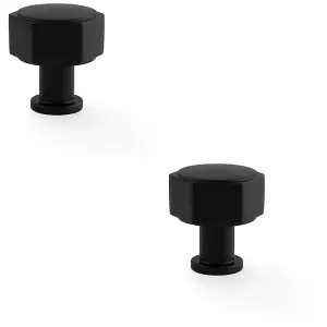 2 PACK - Industrial Hex Cabinet Door Knob - 33mm Matt Black Cupboard Pull Handle