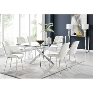 Lenworth Glass Rectangular Dining Table Set with 6 Luxury Velvet Chairs Silver / Cream/Silver