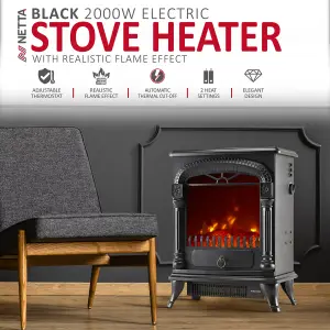 NETTA Electric Arch Stove Heater Fireplace Fire Log Effect 2000W - Black