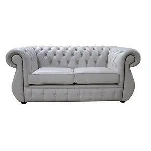 Chesterfield 2 Seater Vele Cloud Grey Leather Sofa Bespoke In Kimberley Style